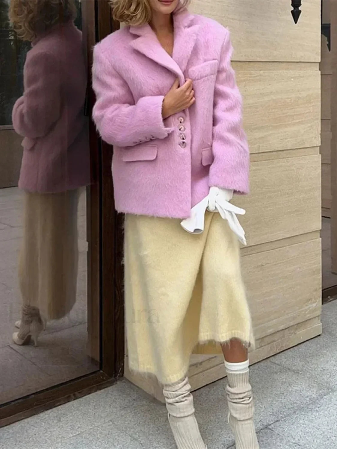 Fashion Pink Lapel Long Sleeves Women Blazer Jacket Loose Overcoats Secondary image