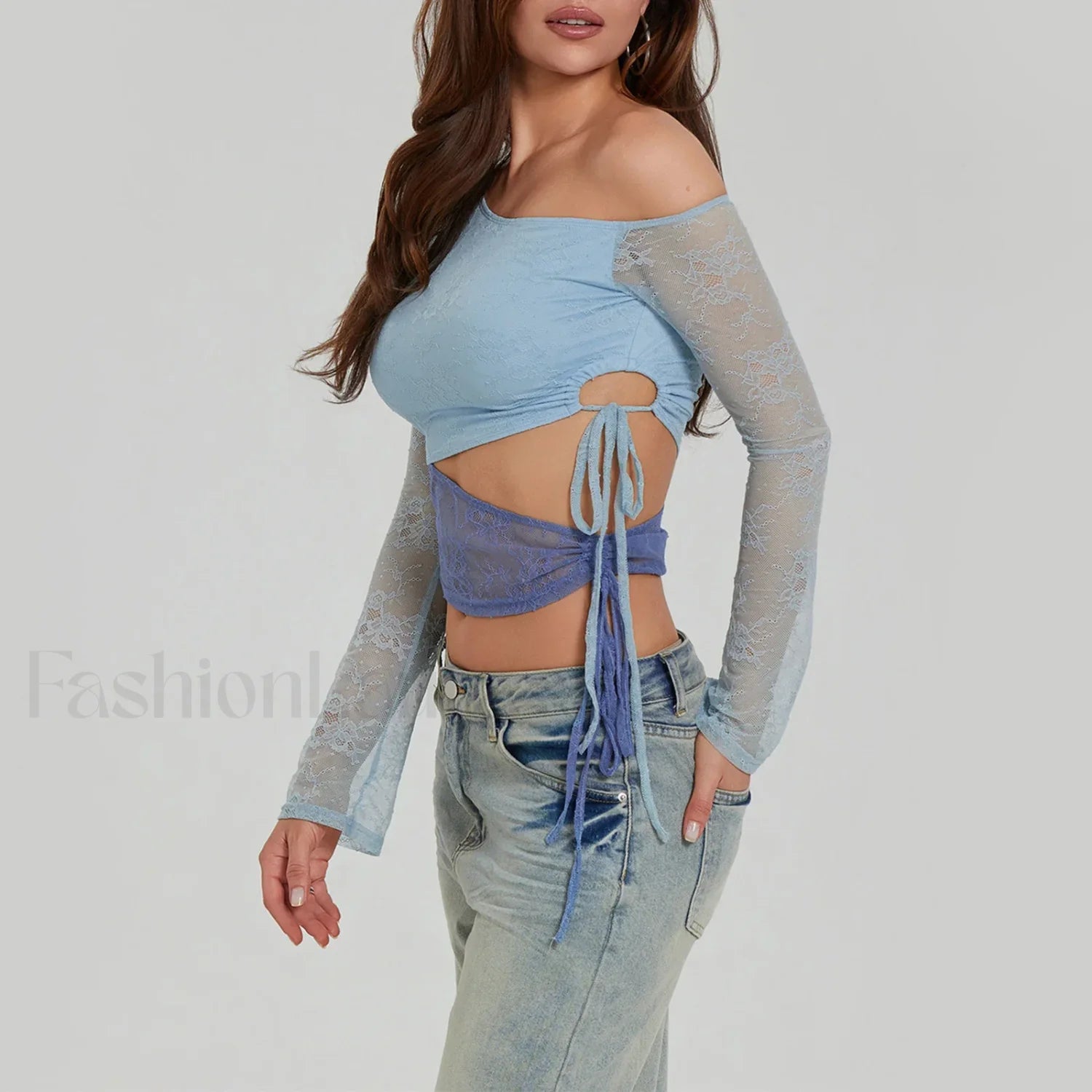 Fashion Sexy Lace Long Sleeve Oblique Neck T-Shirt Secondary image
