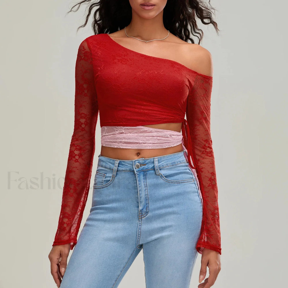 Fashion Sexy Lace Long Sleeve Oblique Neck T Shirt
