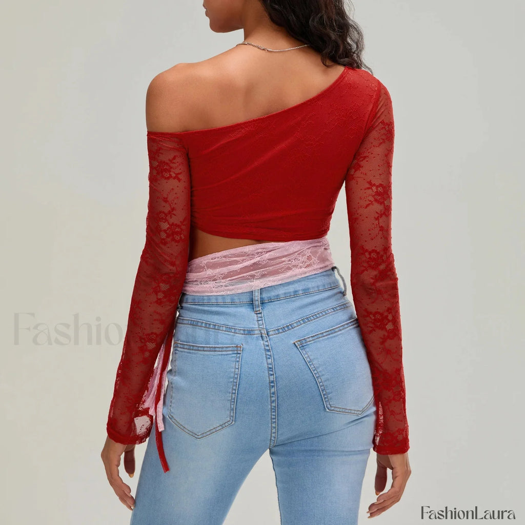 Fashion Sexy Lace Long Sleeve Oblique Neck T Shirt