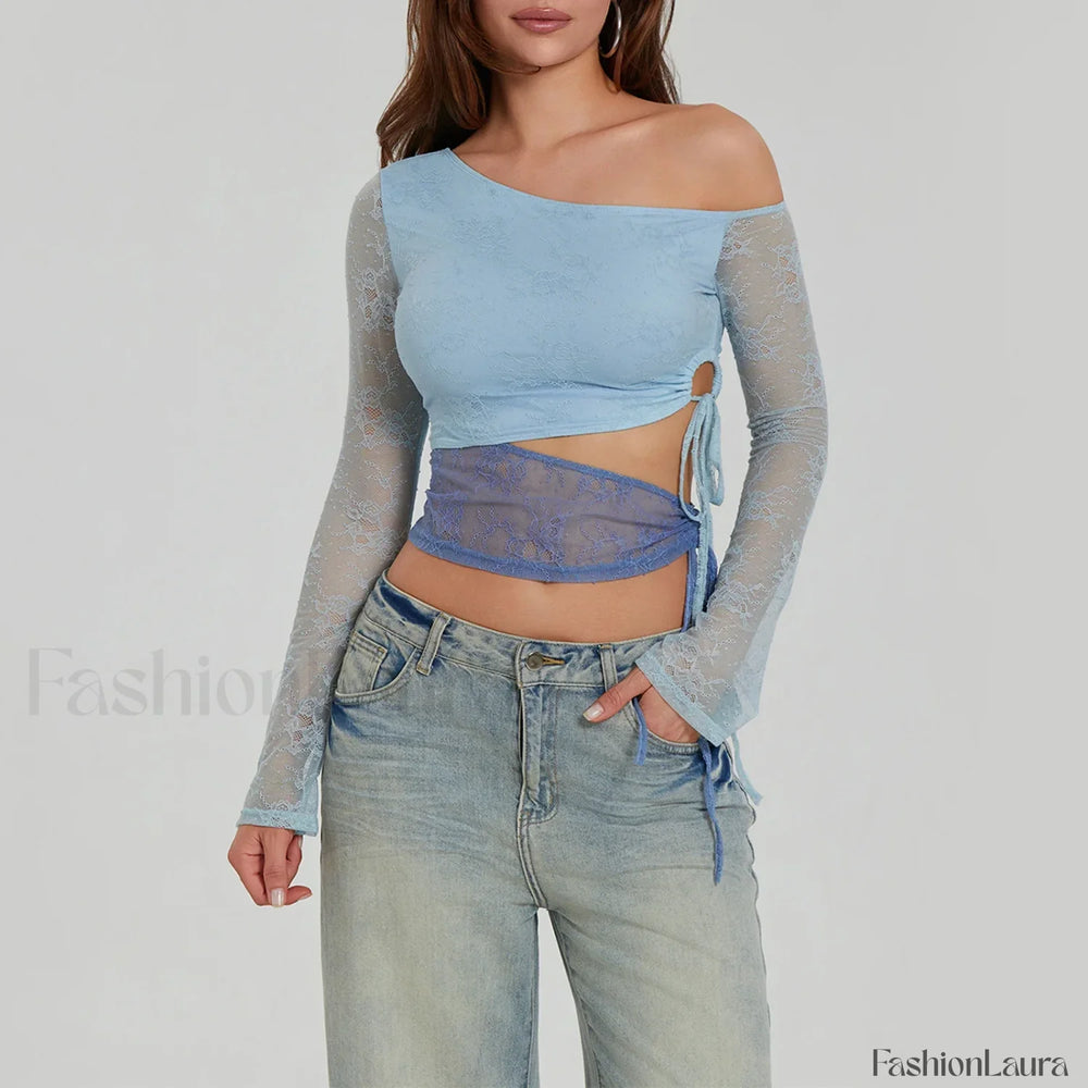 Fashion Sexy Lace Long Sleeve Oblique Neck T Shirt Blue / S
