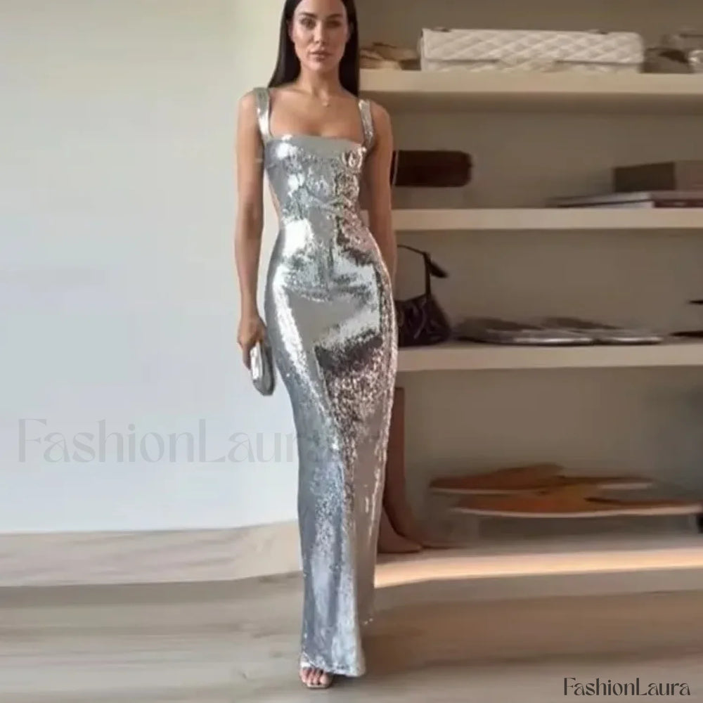 Fashion Sexy Sling Backless Silvery Women High Waist Bodycon Sleeveless Evening Party Maxi Dress