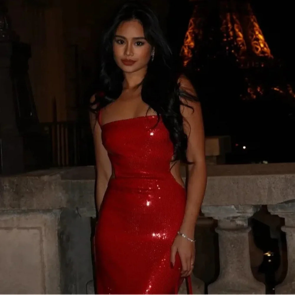 Fashion Sexy Sling Backless Silvery Women High Waist Bodycon Sleeveless Evening Party Maxi Dress Red / S