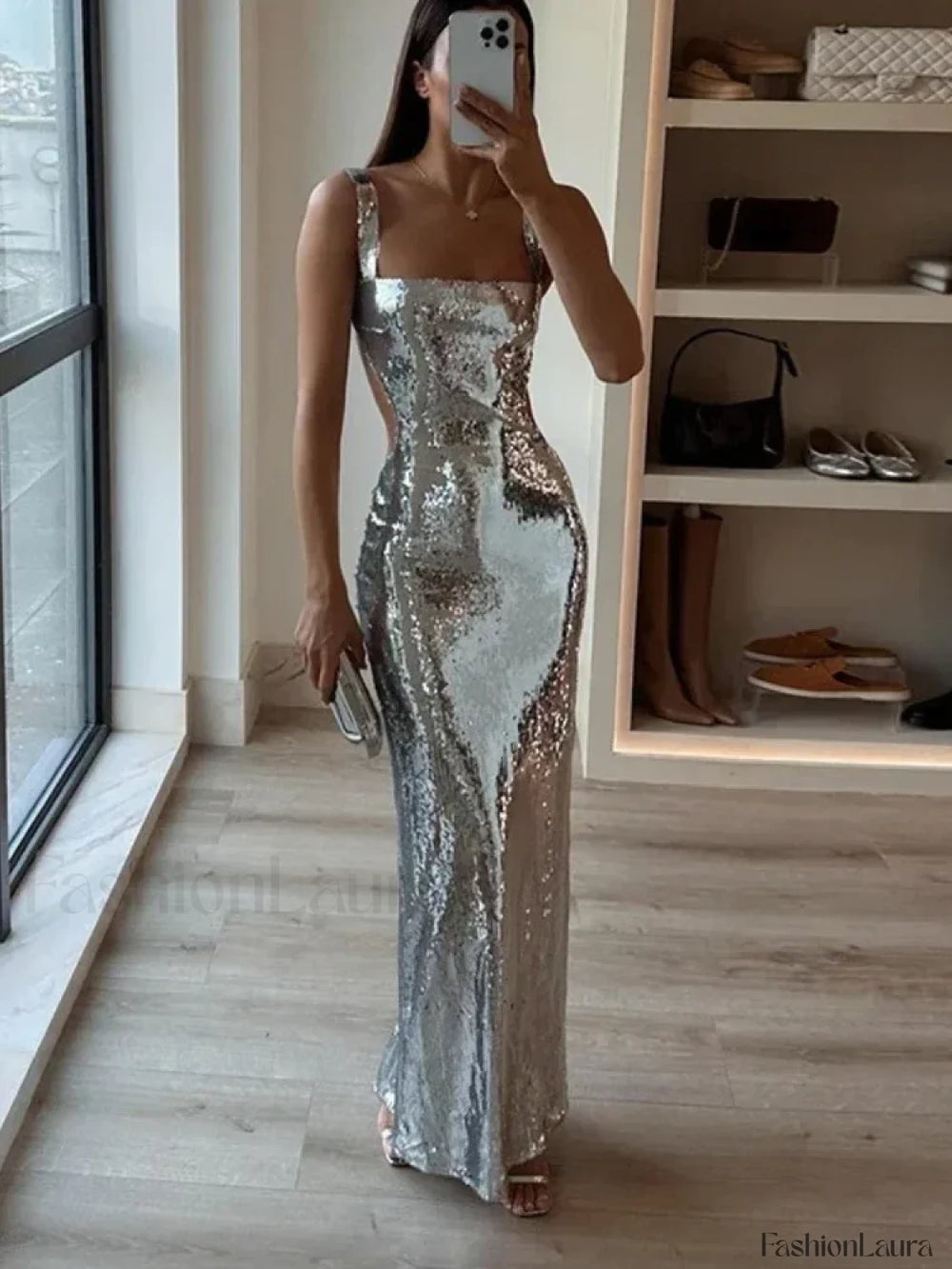 Fashion Sexy Sling Backless Silvery Women High Waist Bodycon Sleeveless Evening Party Maxi Dress Silver / S