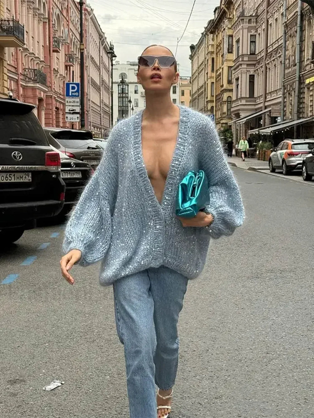 Fashion Shiny Sequins Women Mohair Knitted Cardigan V Neck Long Lantern Sleeve Sweater Gray Blue / S Sweaters L