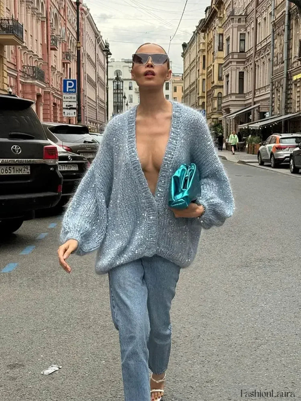 Fashion Shiny Sequins Women Mohair Knitted Cardigan V Neck Long Lantern Sleeve Sweater Gray Blue / S Sweaters L