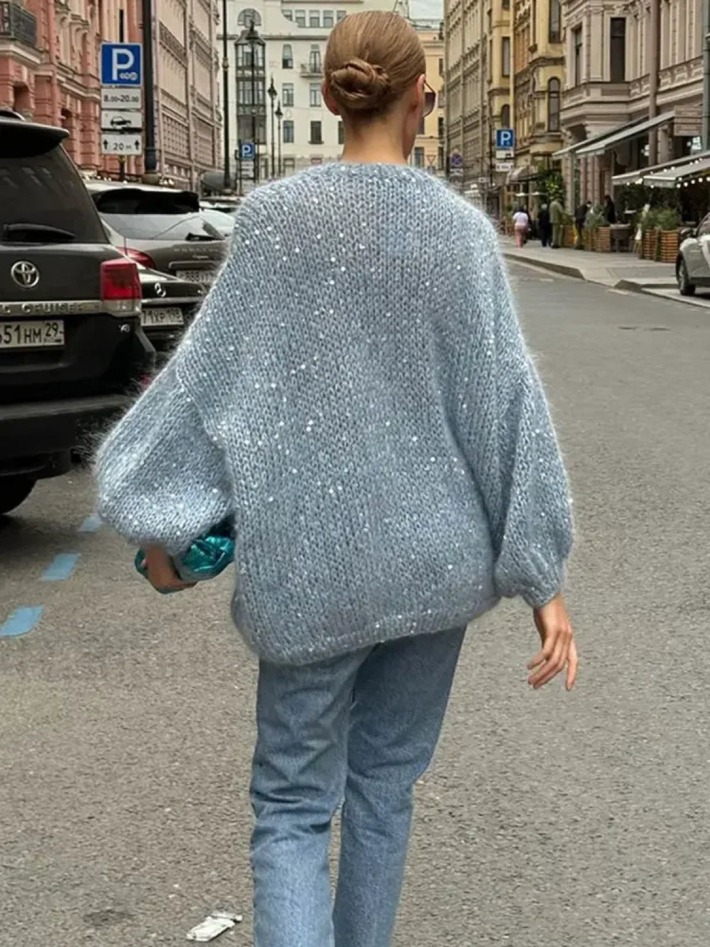 Fashion Shiny Sequins Women Mohair Knitted Cardigan V Neck Long Lantern Sleeve Sweater Sweaters L