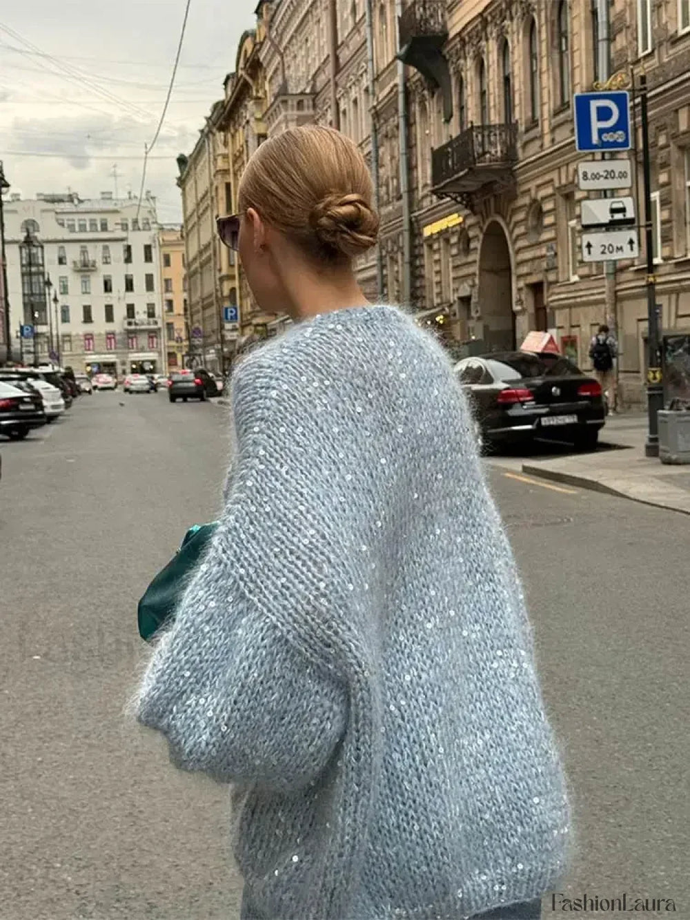 Fashion Shiny Sequins Women Mohair Knitted Cardigan V Neck Long Lantern Sleeve Sweater Sweaters L