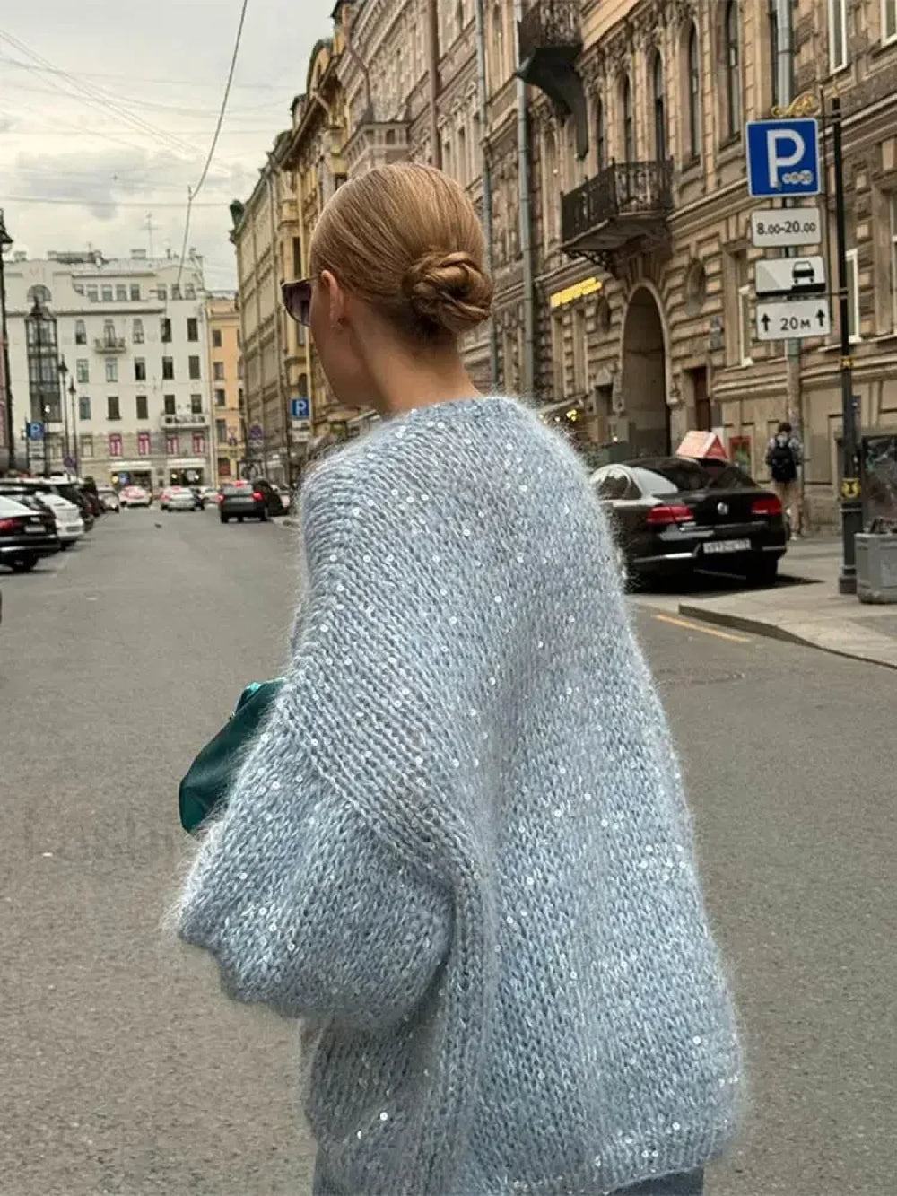 Fashion Shiny Sequins Women Mohair Knitted Cardigan V Neck Long Lantern Sleeve Sweater Sweaters L