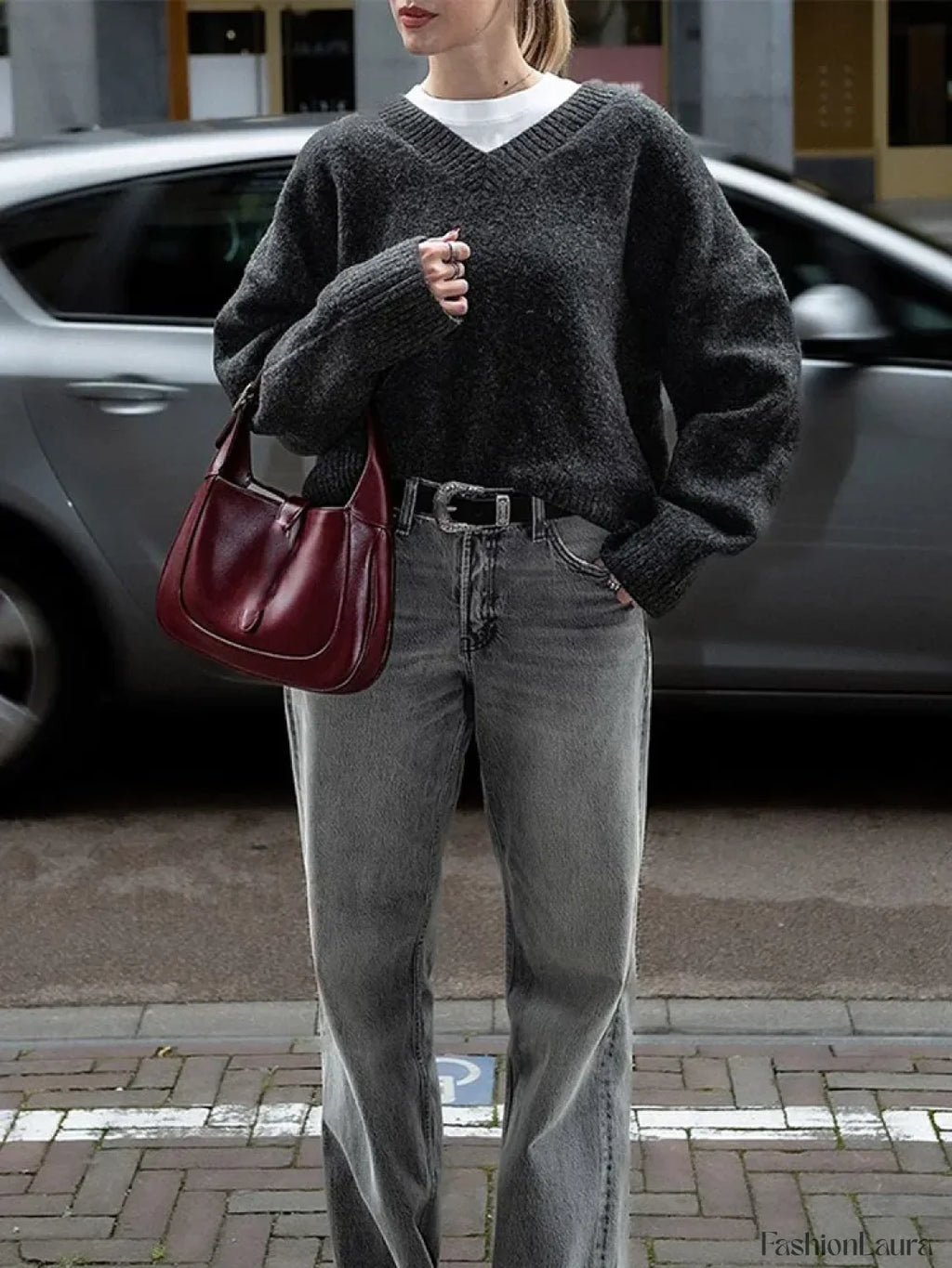 Fashion Solid Color V Neck Knitted Pullover Women Casual Long Sleeves Loose Sweater BLACK / S Sweaters L