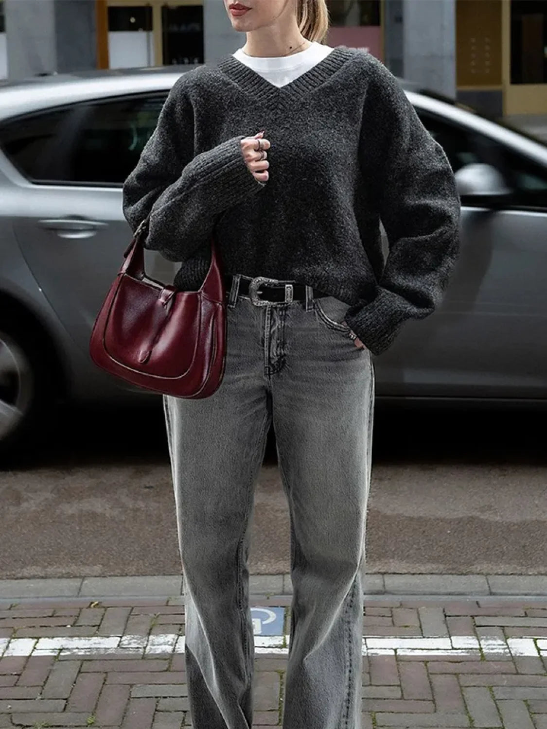 Fashion Solid Color V Neck Knitted Pullover Women Casual Long Sleeves Loose Sweater BLACK / S Sweaters L Main image