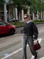 Fashion Solid Color V Neck Knitted Pullover Women Casual Long Sleeves Loose Sweater Sweaters L