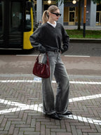 Fashion Solid Color V Neck Knitted Pullover Women Casual Long Sleeves Loose Sweater Sweaters L