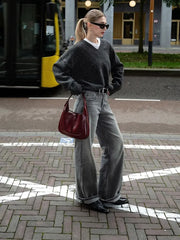 Fashion Solid Color V Neck Knitted Pullover Women Casual Long Sleeves Loose Sweater Sweaters L