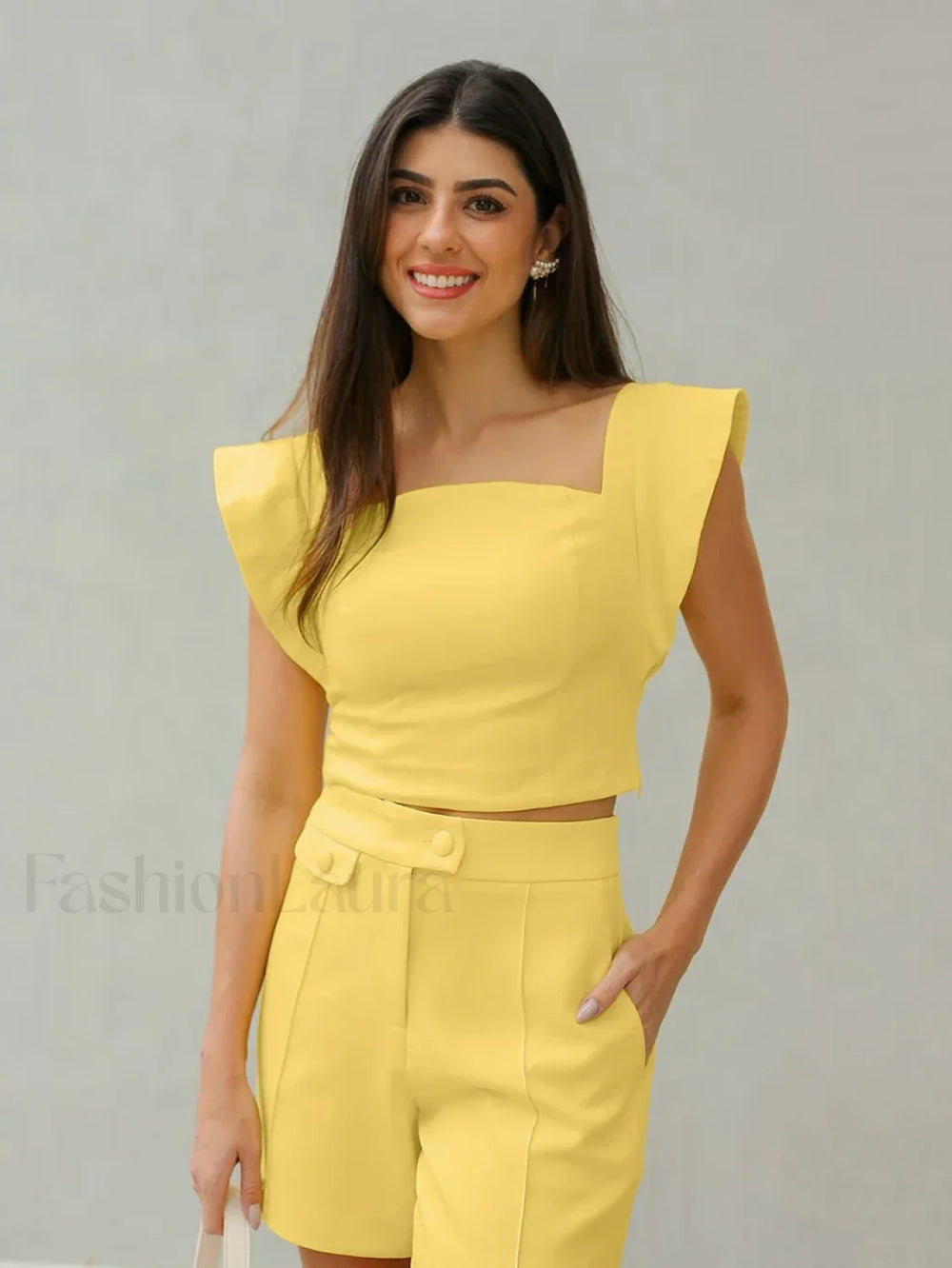 Fashion Square Collar Shorts Two Piece Set