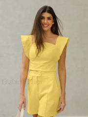 Fashion Square Collar Shorts Two Piece Set