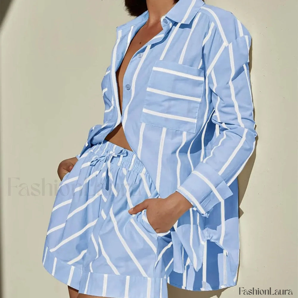 Fashion Striped Buttoned Shirt Shorts Pajamas Two Piece Set Blue / S