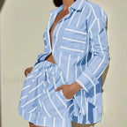 Fashion Striped Buttoned Shirt Shorts Pajamas Two Piece Set Blue / S
