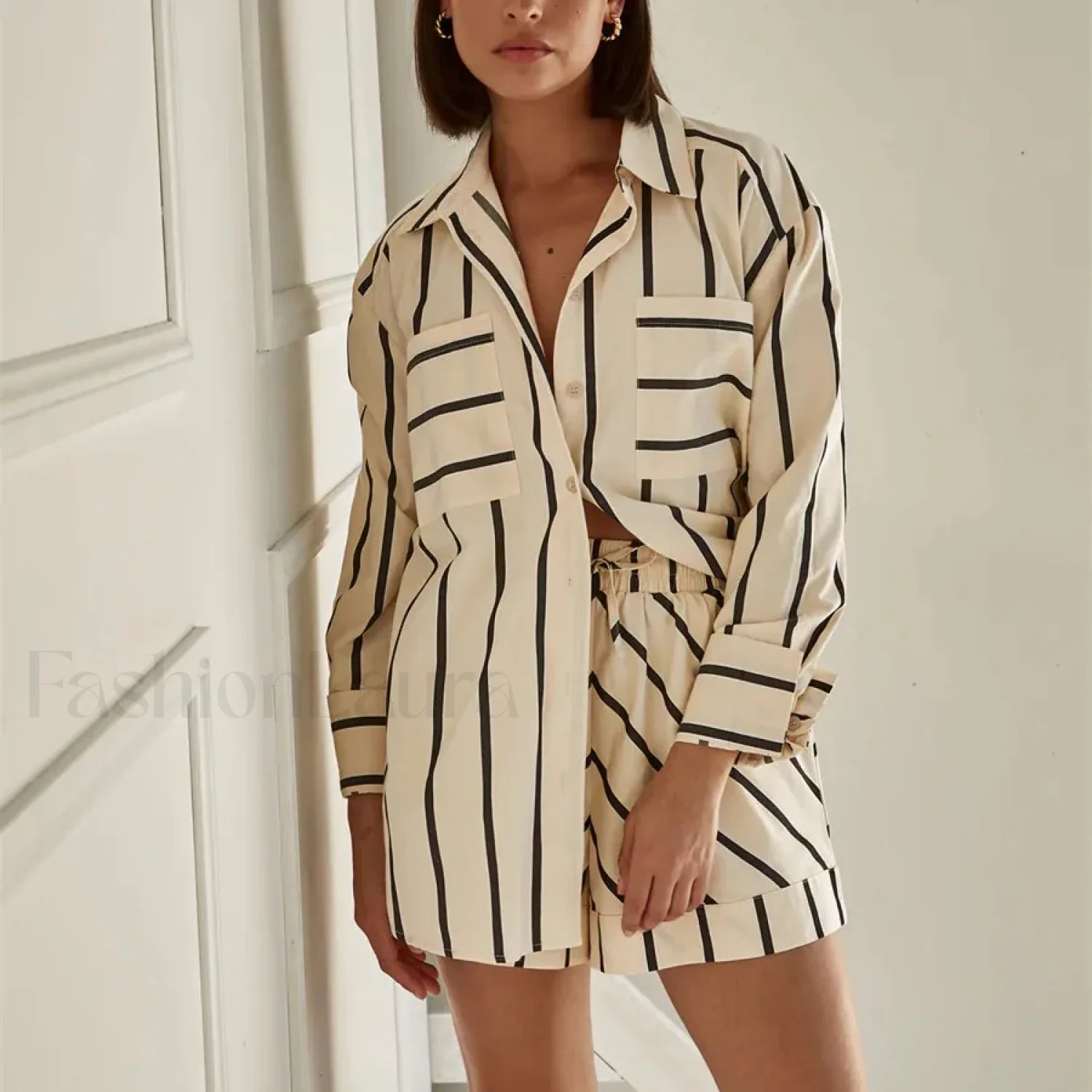 Fashion Striped Buttoned Shirt Shorts Pajamas Two Piece Set Green / S