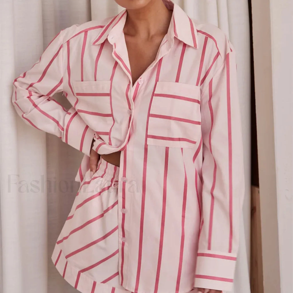 Fashion Striped Buttoned Shirt Shorts Pajamas Two Piece Set Red / S