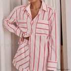 Fashion Striped Buttoned Shirt Shorts Pajamas Two Piece Set Red / S