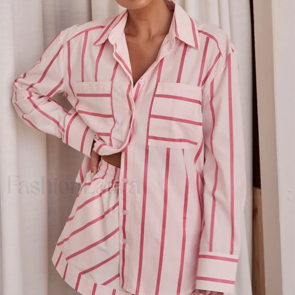 Fashion Striped Buttoned Shirt Shorts Pajamas Two Piece Set Red / S
