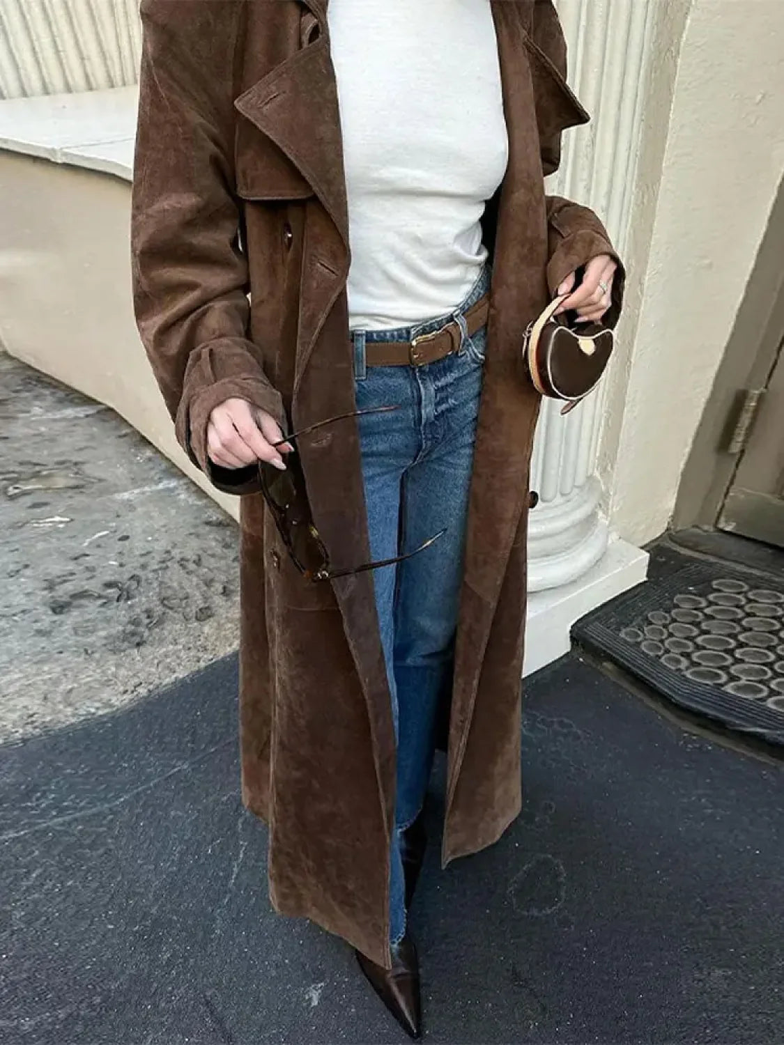 Fashion With Belt Faux Leather Long Overcoats