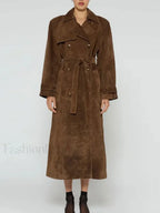 Fashion With Belt Faux Leather Long Overcoats Brown / S