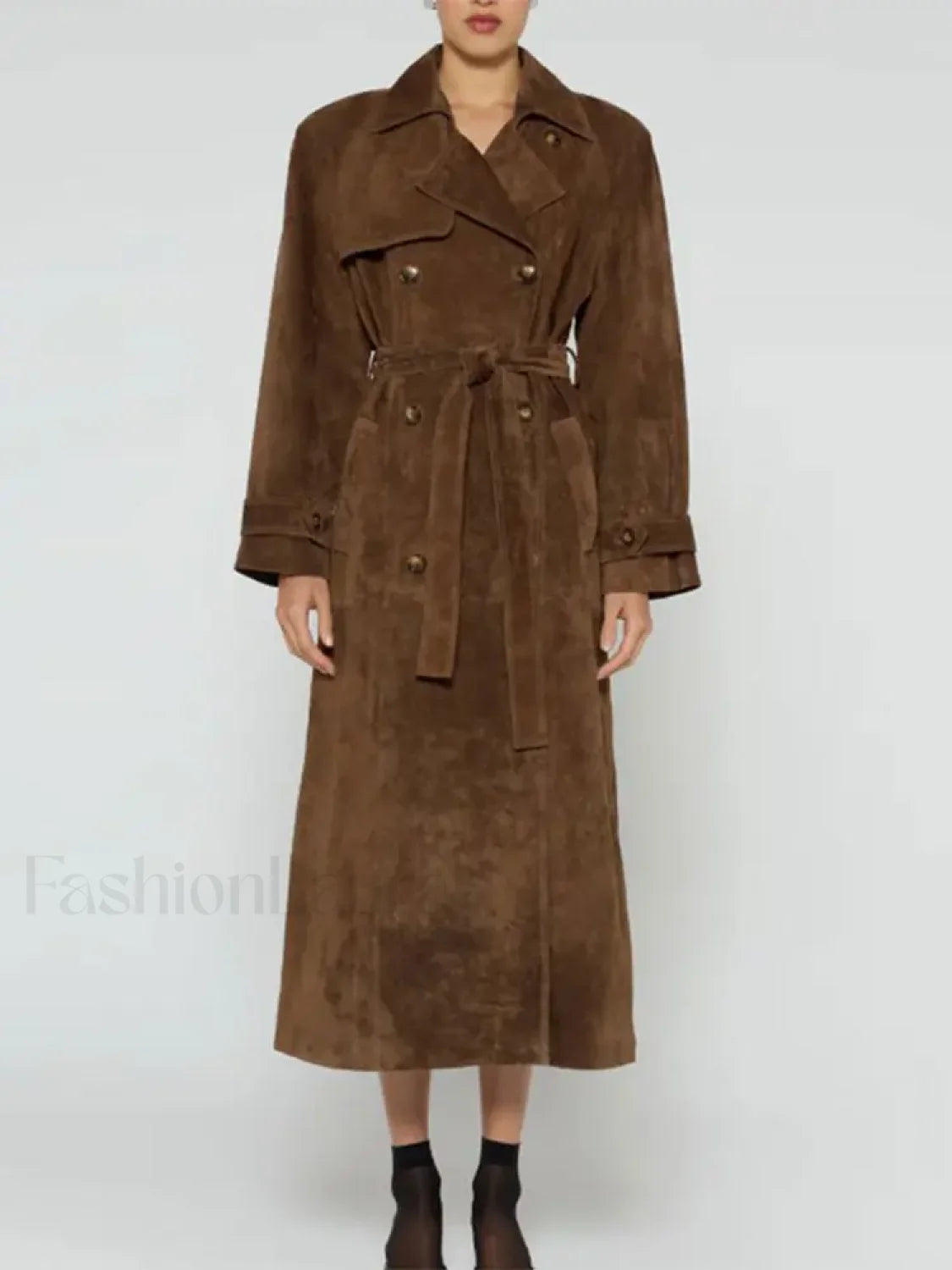 Fashion With Belt Faux Leather Long Overcoats Brown / S