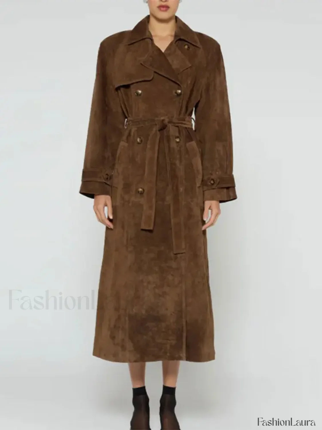 Fashion With Belt Faux Leather Long Overcoats Brown / S