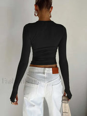 Fashion Women Long Sleeve Crew Neck Crop Top