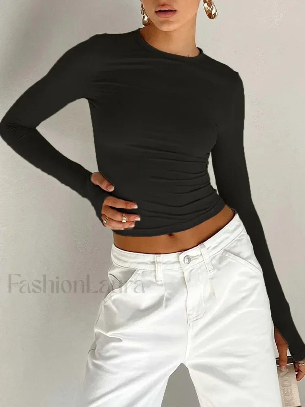 Fashion Women Long Sleeve Crew Neck Crop Top