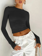 Fashion Women Long Sleeve Crew Neck Crop Top Black / S