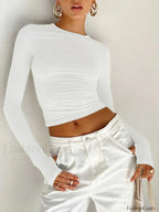 Fashion Women Long Sleeve Crew Neck Crop Top WHITE / S