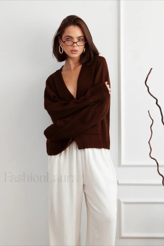 Fashionable Loose Fit V Neck Knit Sweater Red / S Main image