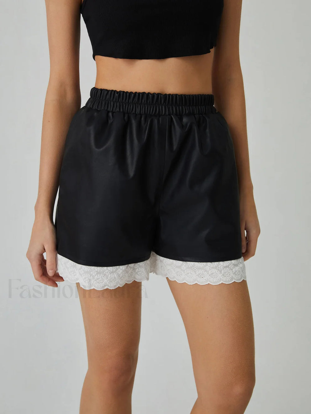 Faux Leather Graceful Lace Patchwork Shorts Shorts
