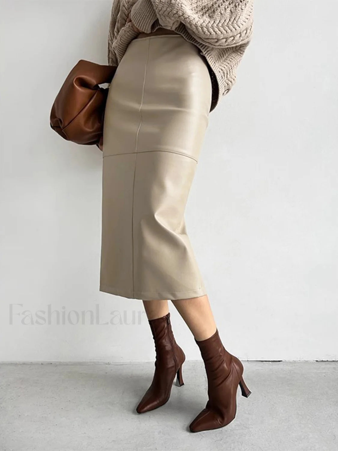 Faux Leather Piping Sit Midi Skirt Apricot / XS Skirts Main image