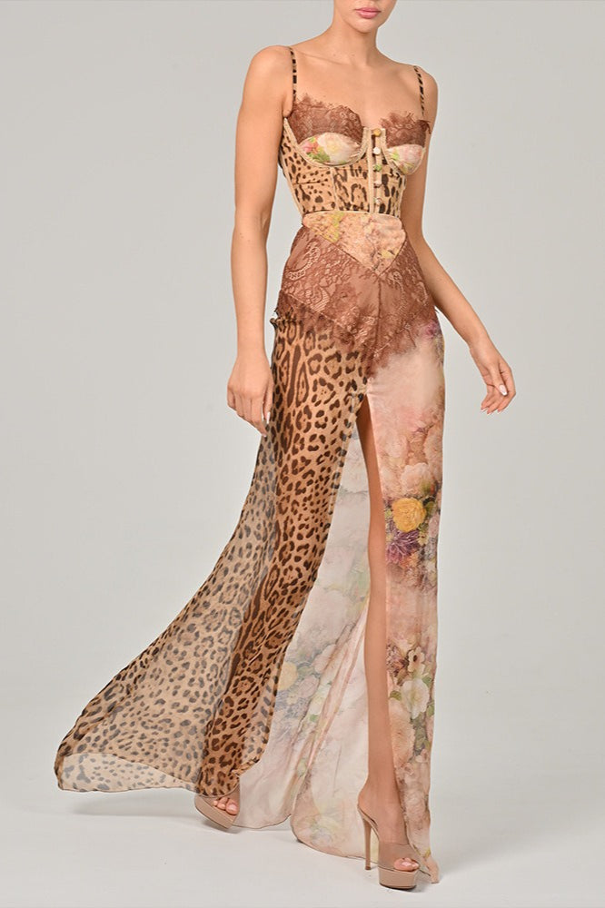 Color Block Leopard Printed Floral Dress