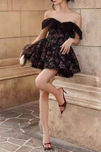 Off Shoulder Mesh Bubble Sleeve Mini Floral Dress