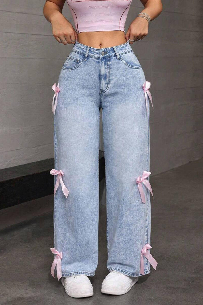 Y2K Bow Applique Washed Relaxed Jeans Secondary image