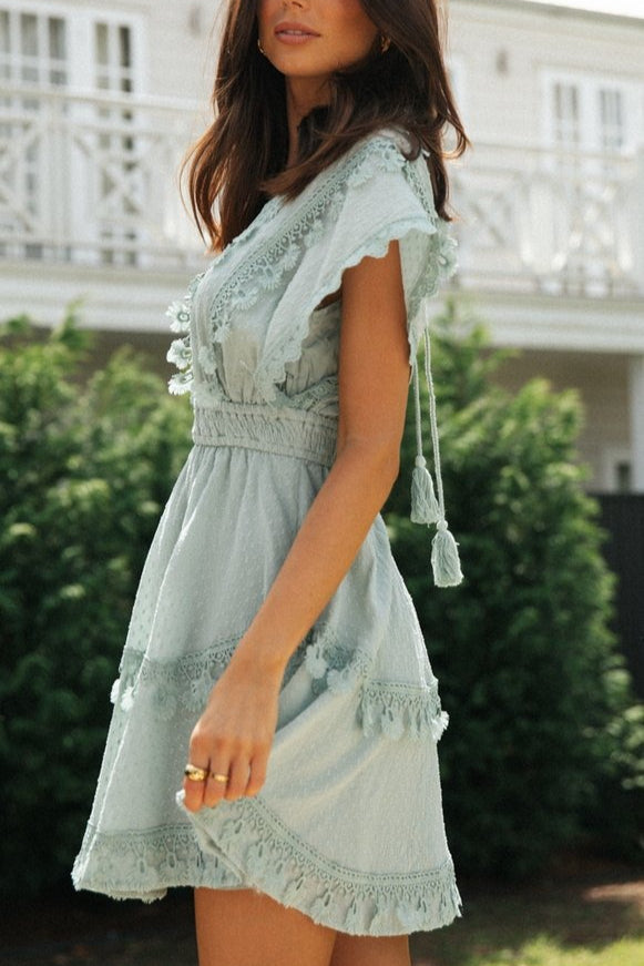Lace Patchwork Tie Back Flowy Batwing Boho Dress Main image