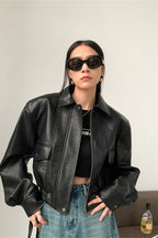 Short PU Leather Notch Lapel Jacket S / Black