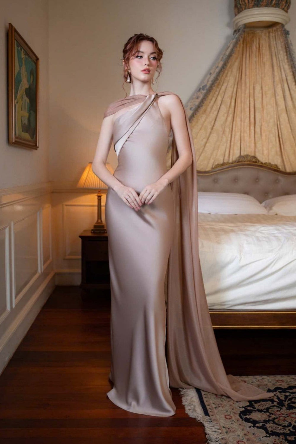 Elegant Satin Slant Neck Sheath Formal Dress