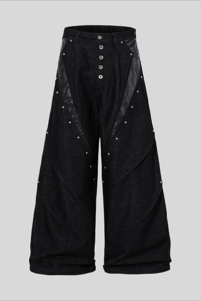Studded Faux Leather Patchwork Wide Leg Pants Main image