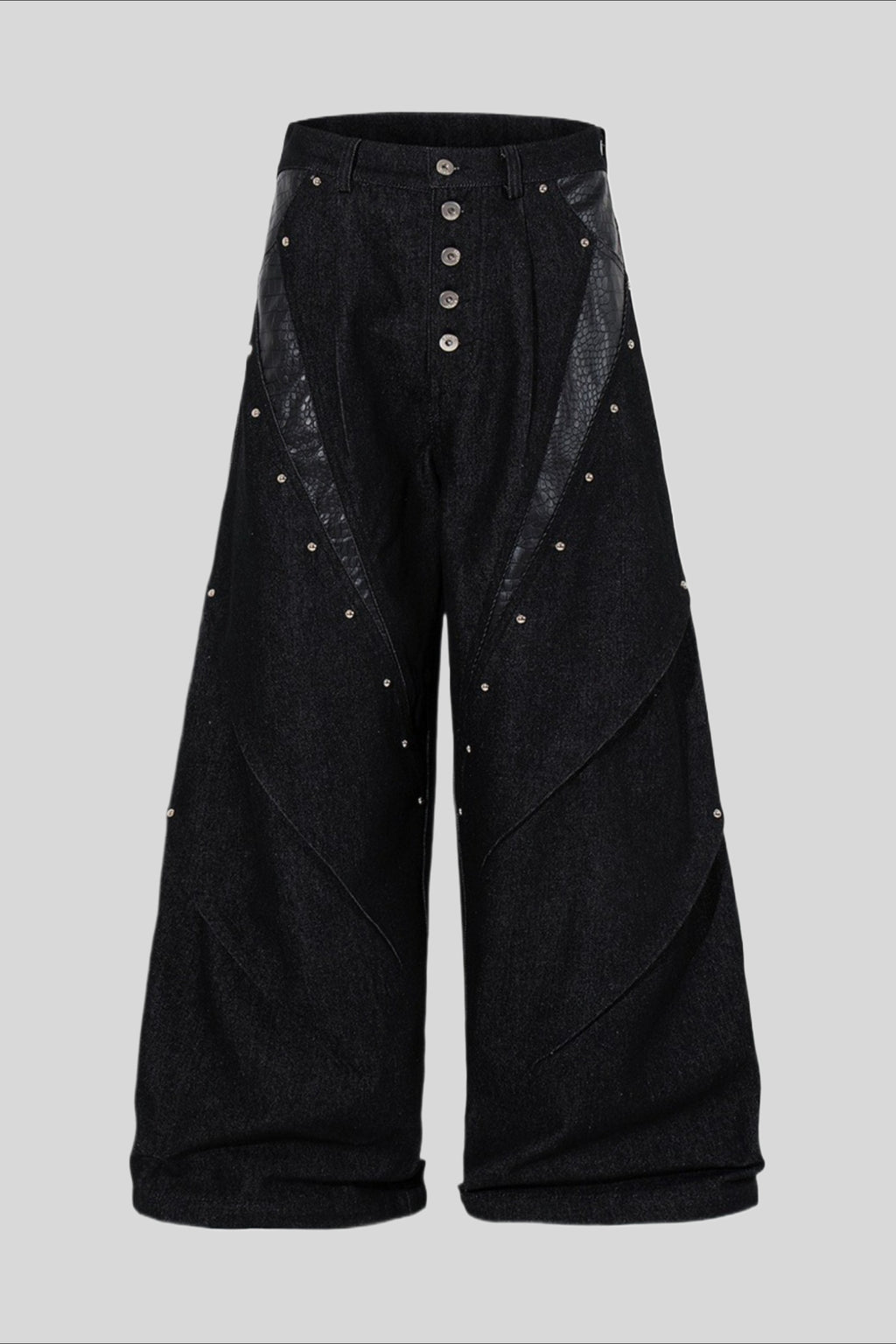 Studded Faux Leather Patchwork Wide Leg Pants