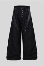 Studded Faux Leather Patchwork Wide Leg Pants