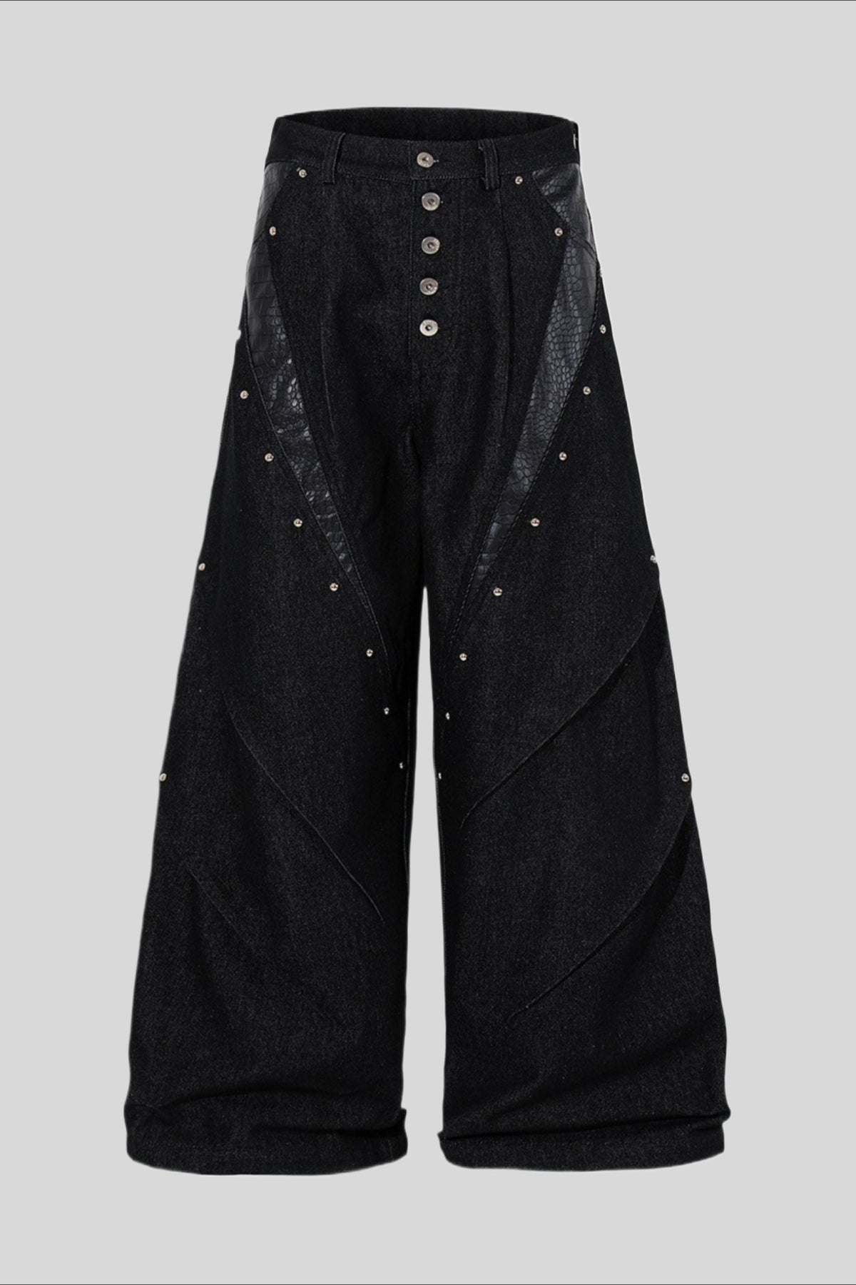 Studded Faux Leather Patchwork Wide Leg Pants