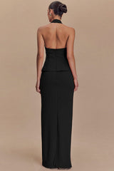Solid Halter Backless Maxi Formal Dress