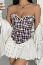 Vintage Blue Plaid Lace Edge Tube Top