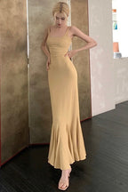 Sexy Spaghetti Strap Backless Formal Dress S / Beige